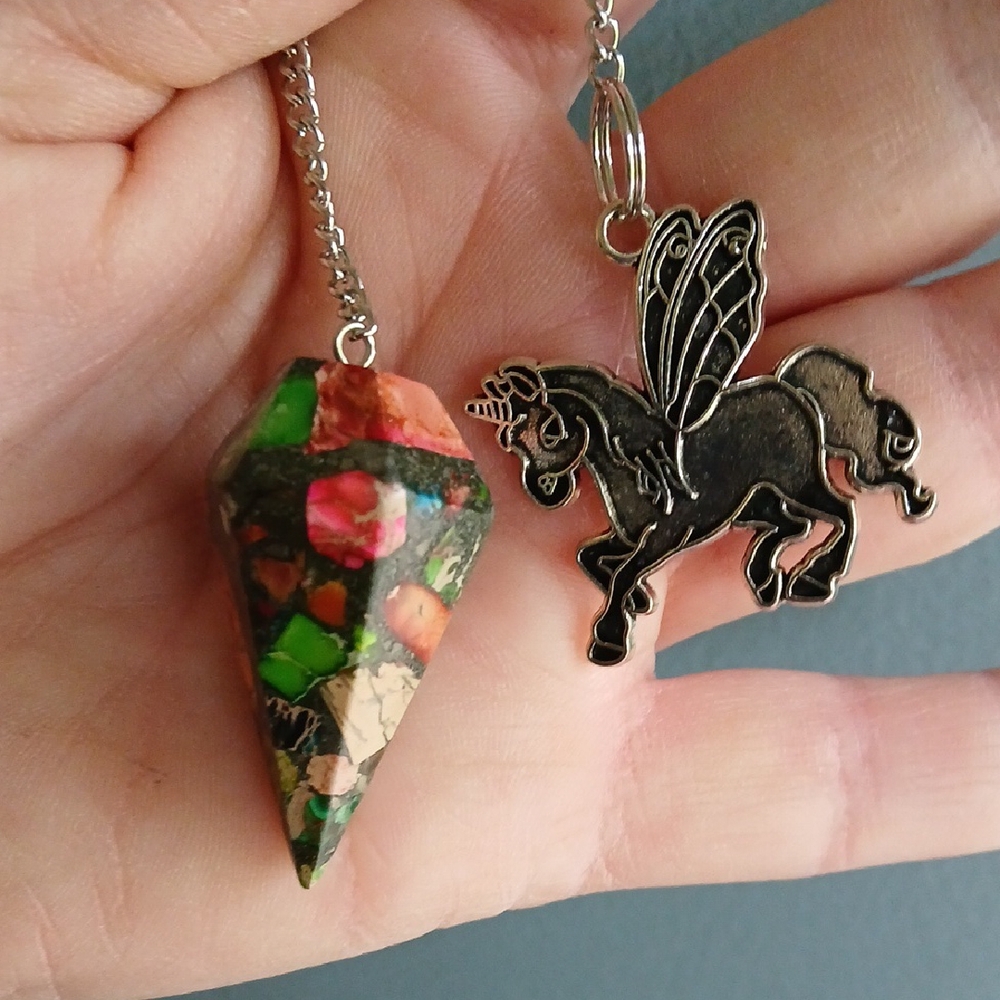 New Sea Sediment Jasper with Pyrite Pendulum & Silver Unicorn Pendant.